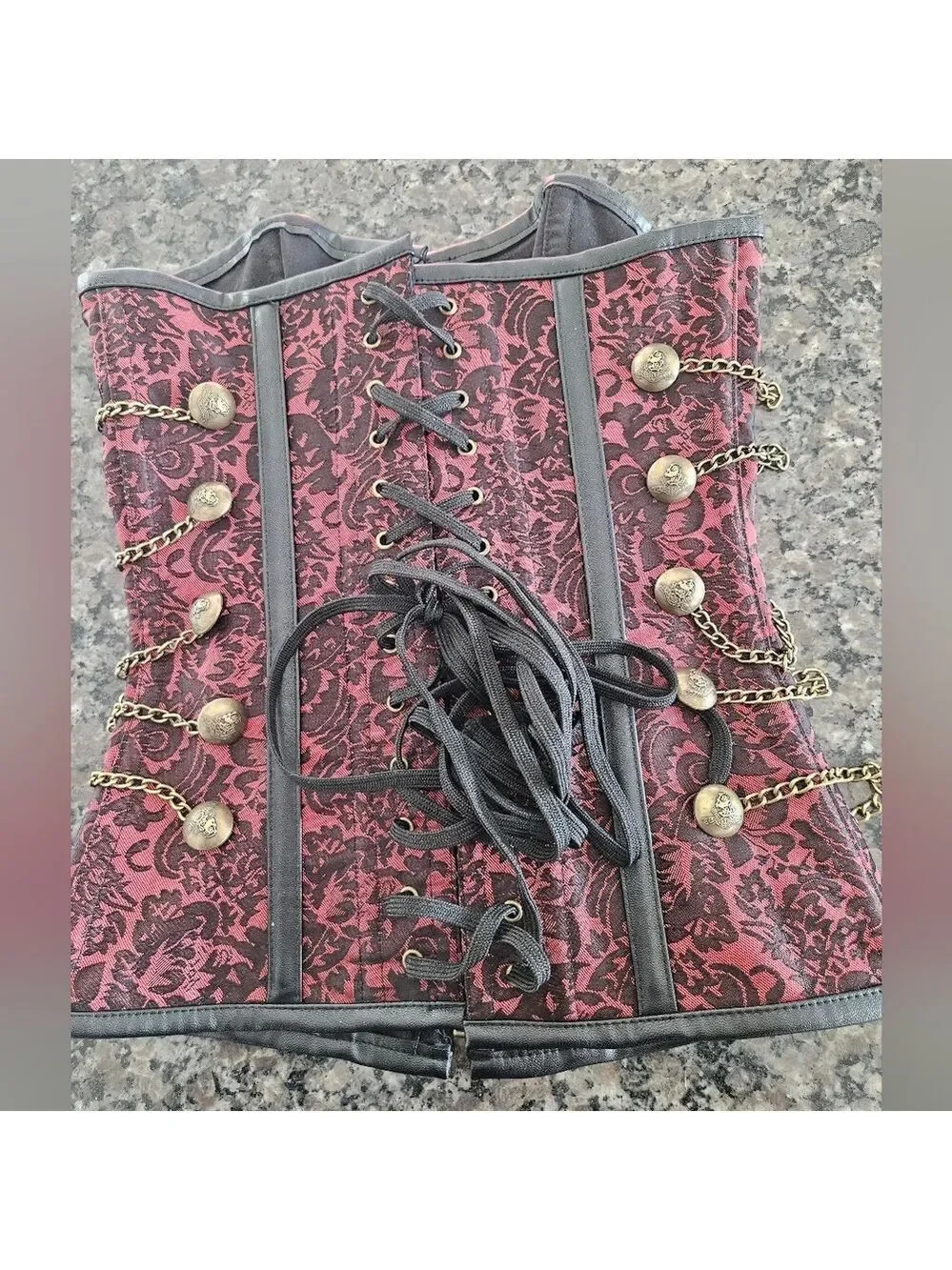 Vintage-Style Women’s Corset Bustier Red & Black Brocade Lace-Up Size Small